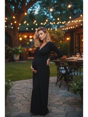 Mother Bee Black Maternity Maxi Dress Empire Waist 3/4 Sleeve Stretchy Knit Size